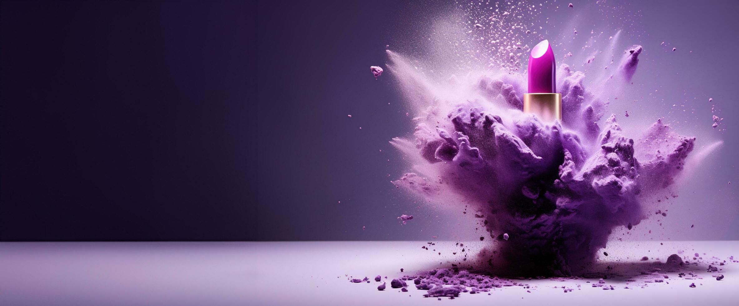 Generative AI, Purple lipstick, powder splashes and smoke on purple background. photo