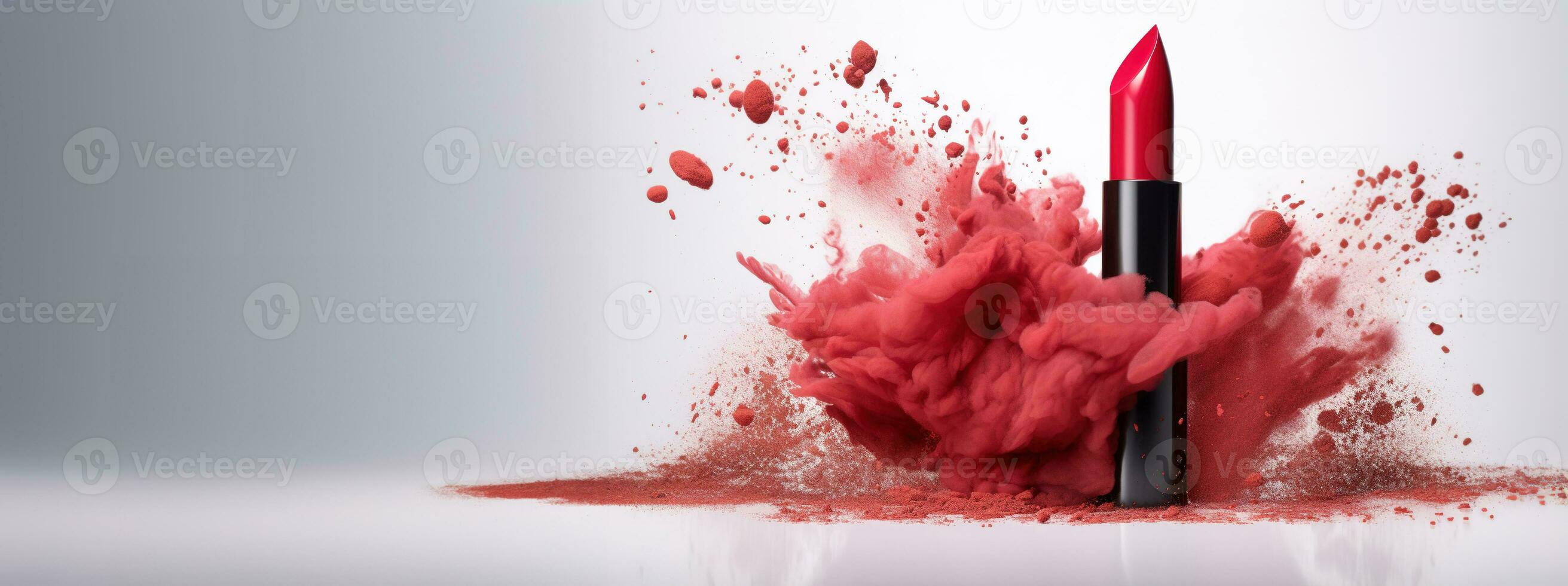 Generative AI, Red lipstick, powder splashes and smoke with copy space. photo