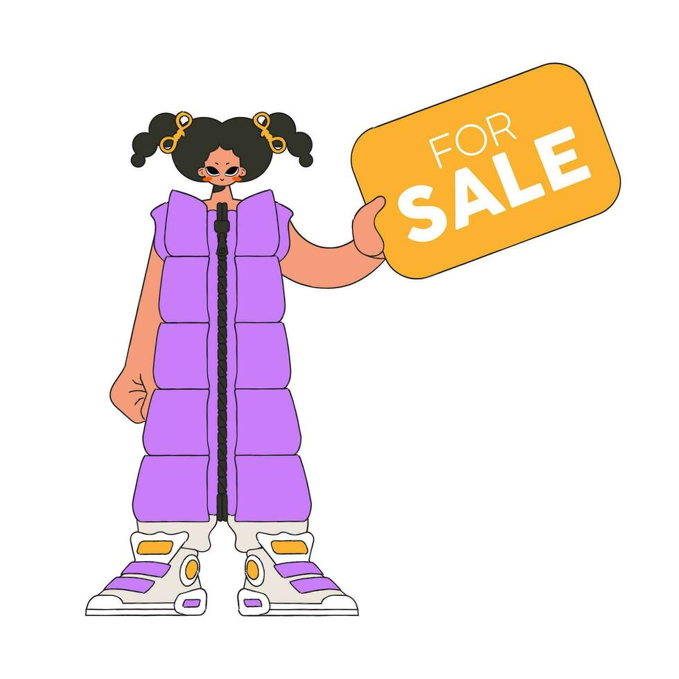The girl is holding a For Sale sign in her hands. Trendy bright style. vector