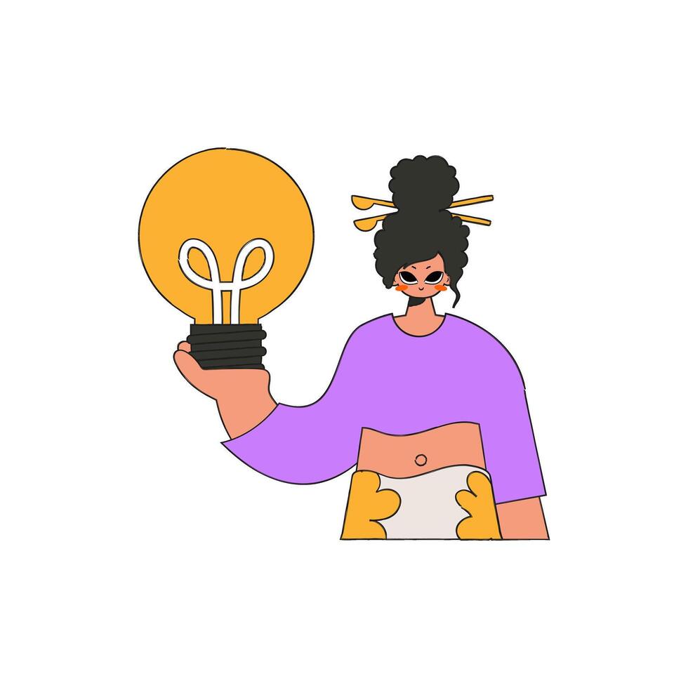 An elegant woman is holding a light bulb. Idea theme. vector