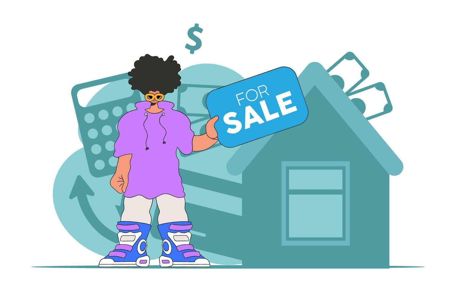 The concept of owning a home. Real estate realtor guy sells a house. vector