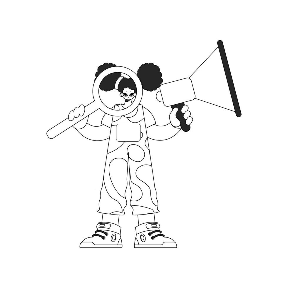 An experienced HR specialist woman holds a megaphone and a magnifying glass in her hands. HR topic. Linear newspaper black and white style. vector