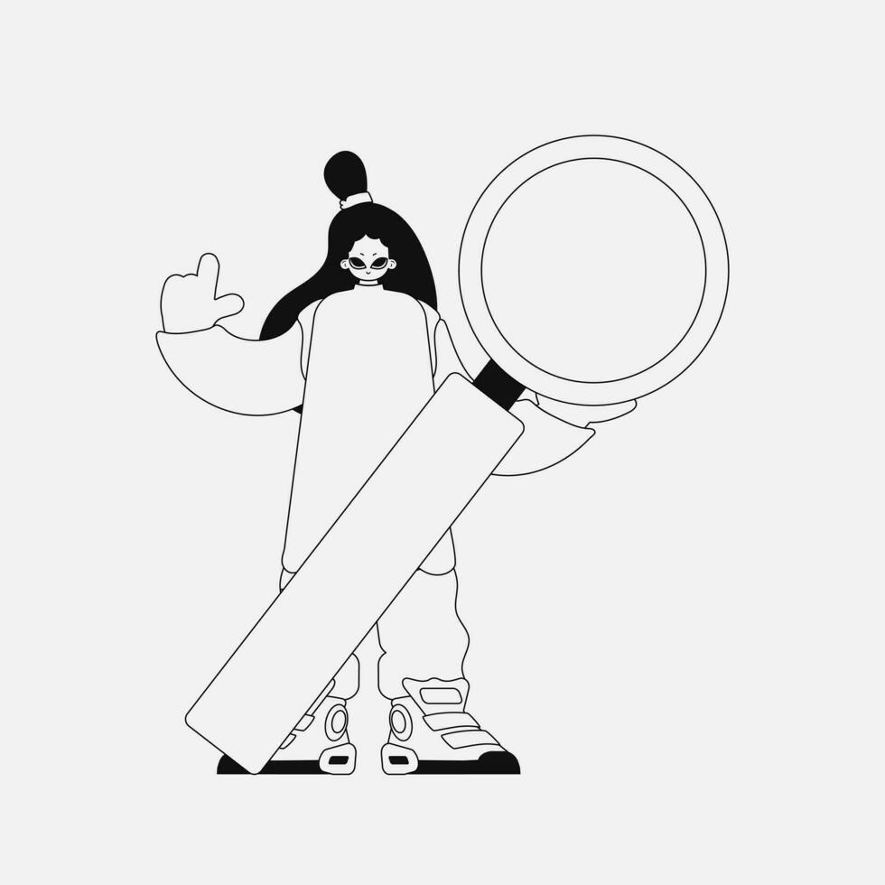 Charming woman is holding a magnifying glass, magnifier. Newspaper black and white style. vector
