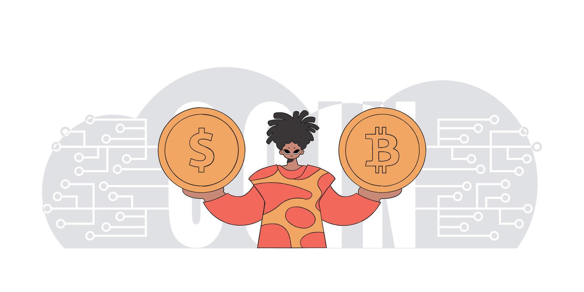 Man holding bitcoin and dollar. Theme of interaction with digital monetary assets. vector