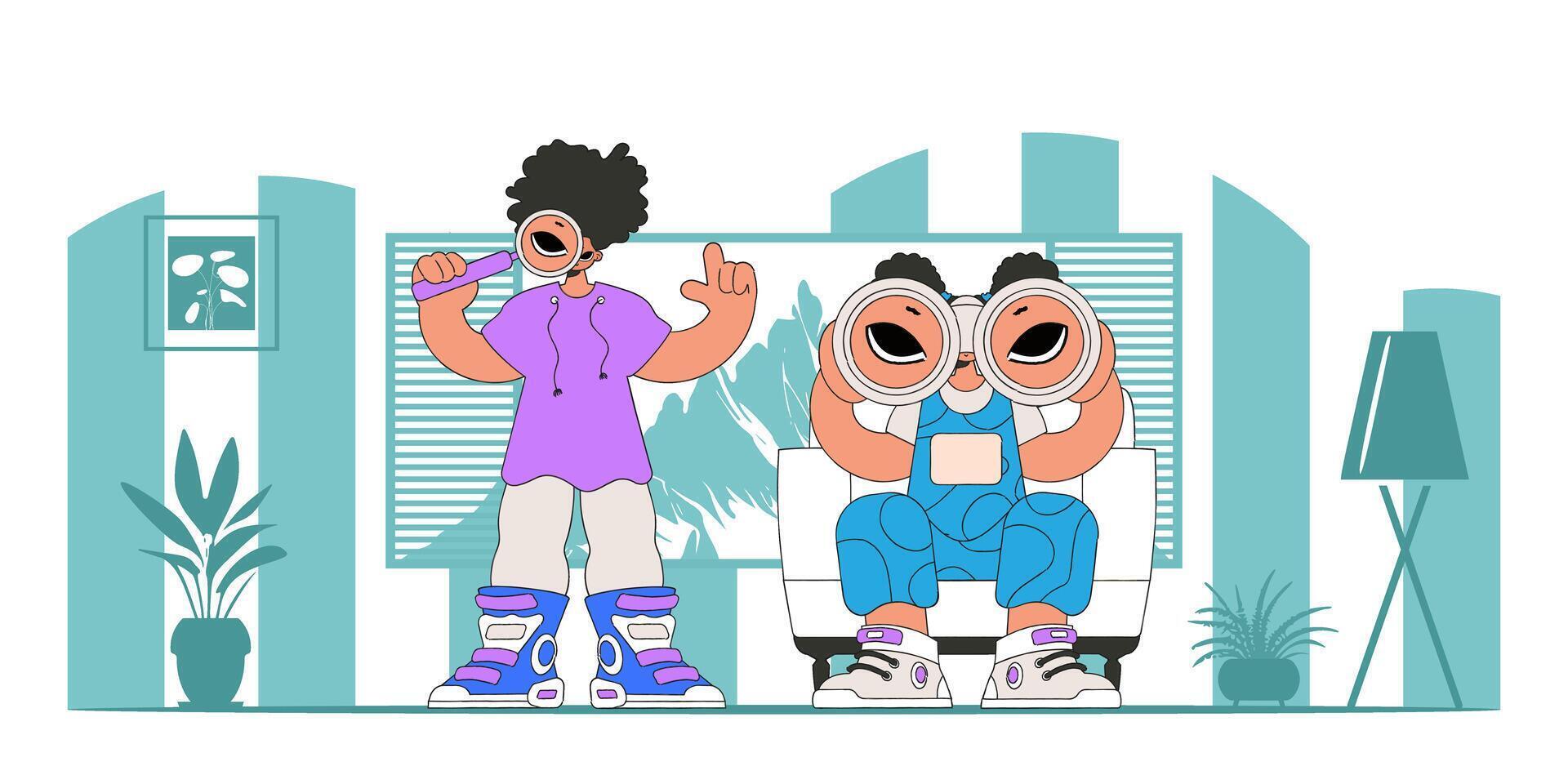 Young HR team holding binoculars and magnifier. Company search for first-class employees. vector