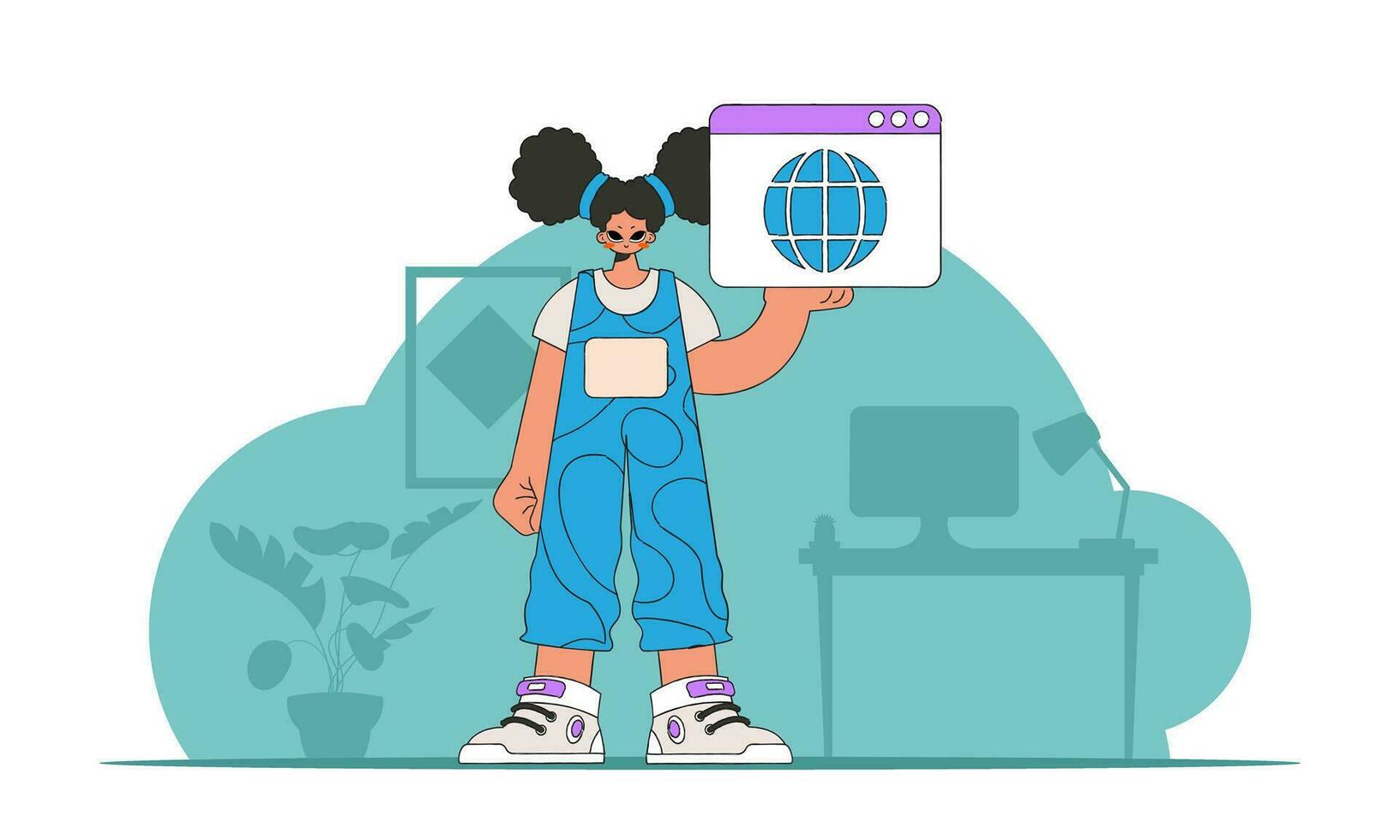 A bright and stylish illustration of a woman using a web browser. Material for educational content. Perfect for adding a modern and tech touch to your project. vector