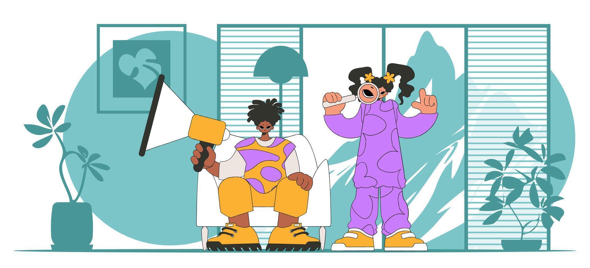 Stylized vector illustration of HR representative team. Stylish girl sits in a chair and holds a megaphone.