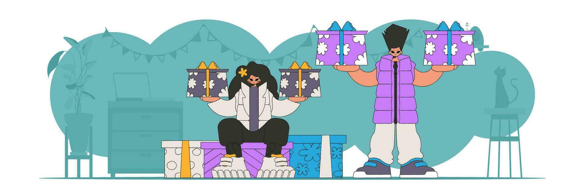 90s style. The girl and the guy are holding two gifts in their hands. Holiday surprise concept. vector