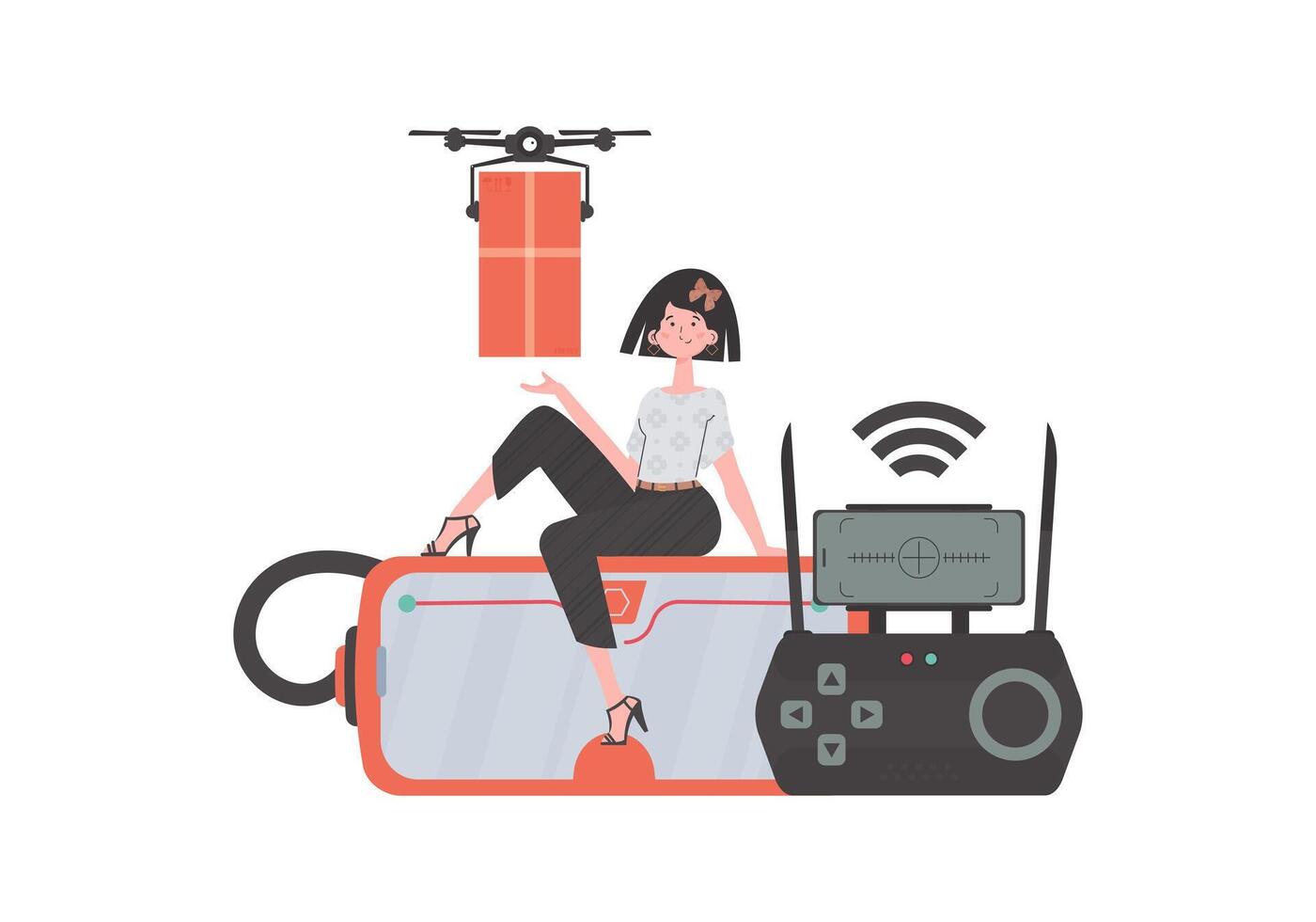 The concept of cargo delivery by air. A woman controls a quadcopter with a parcel. Isolated on white background. trendy style. illustration. vector