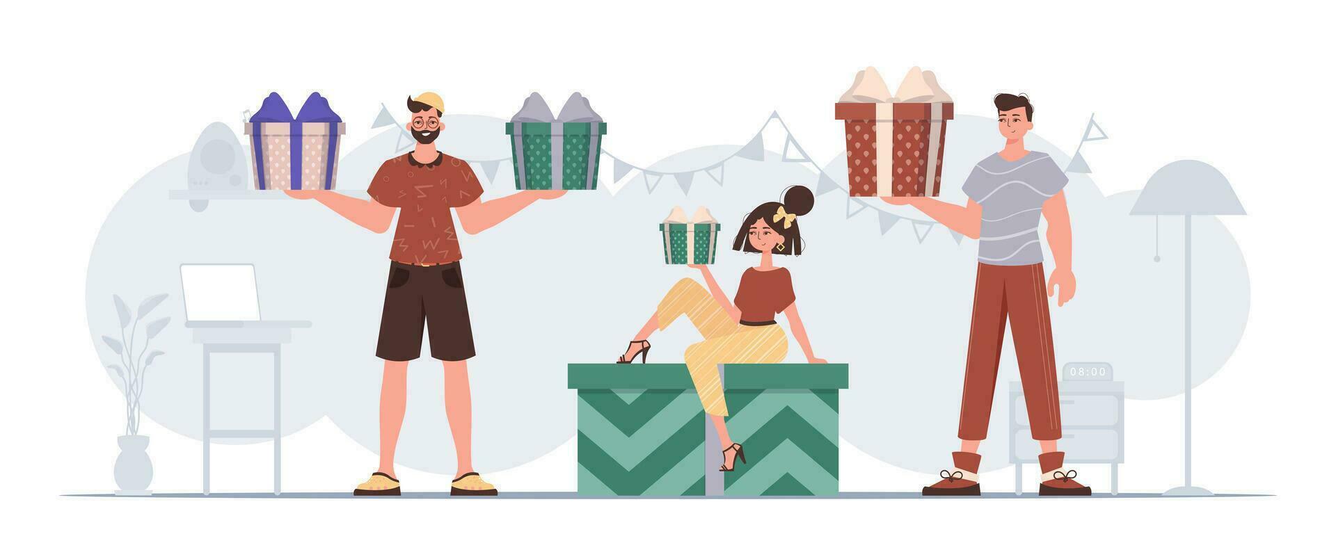 People are holding gifts in their hands. Modern character style. vector