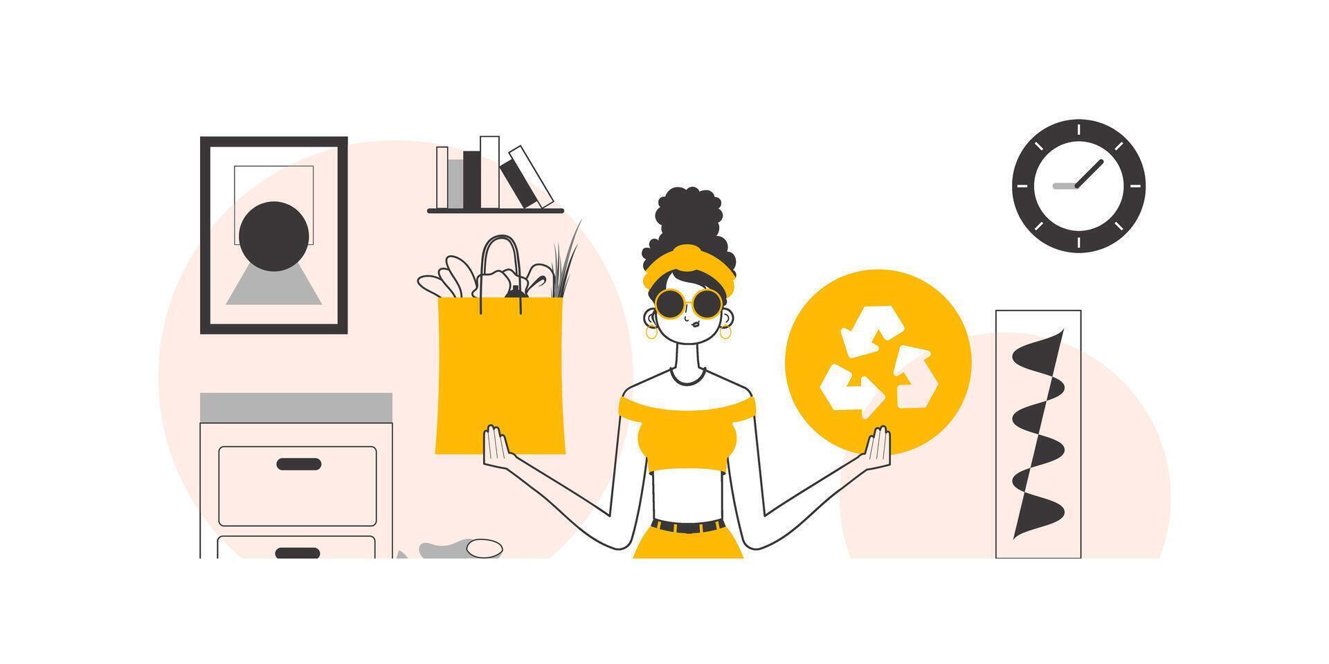 The concept of reasonable consumption. Girl, package with products and eco logo. Lineart style. vector
