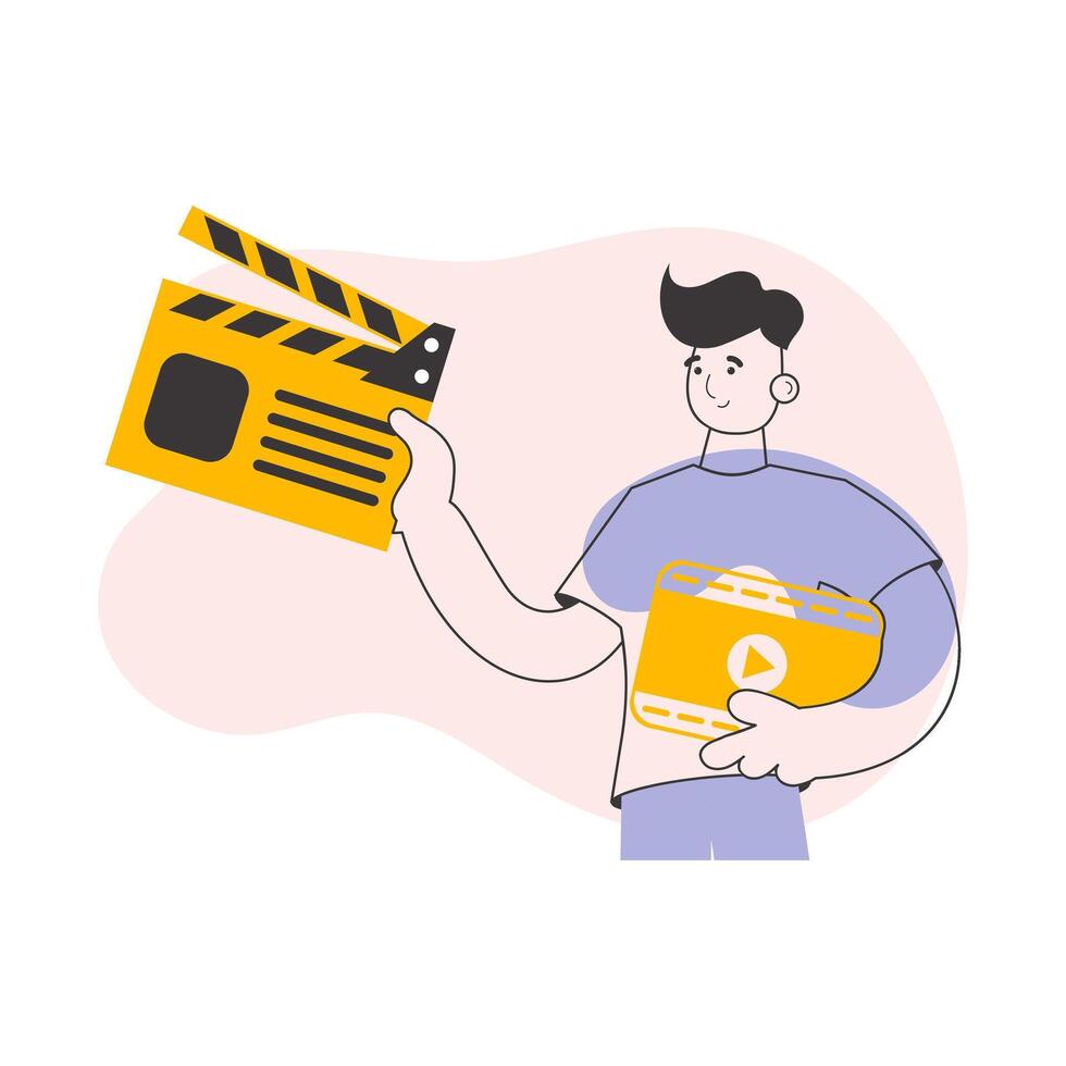 Blogger guy. blogging and podcast concept. Line art style. . vector