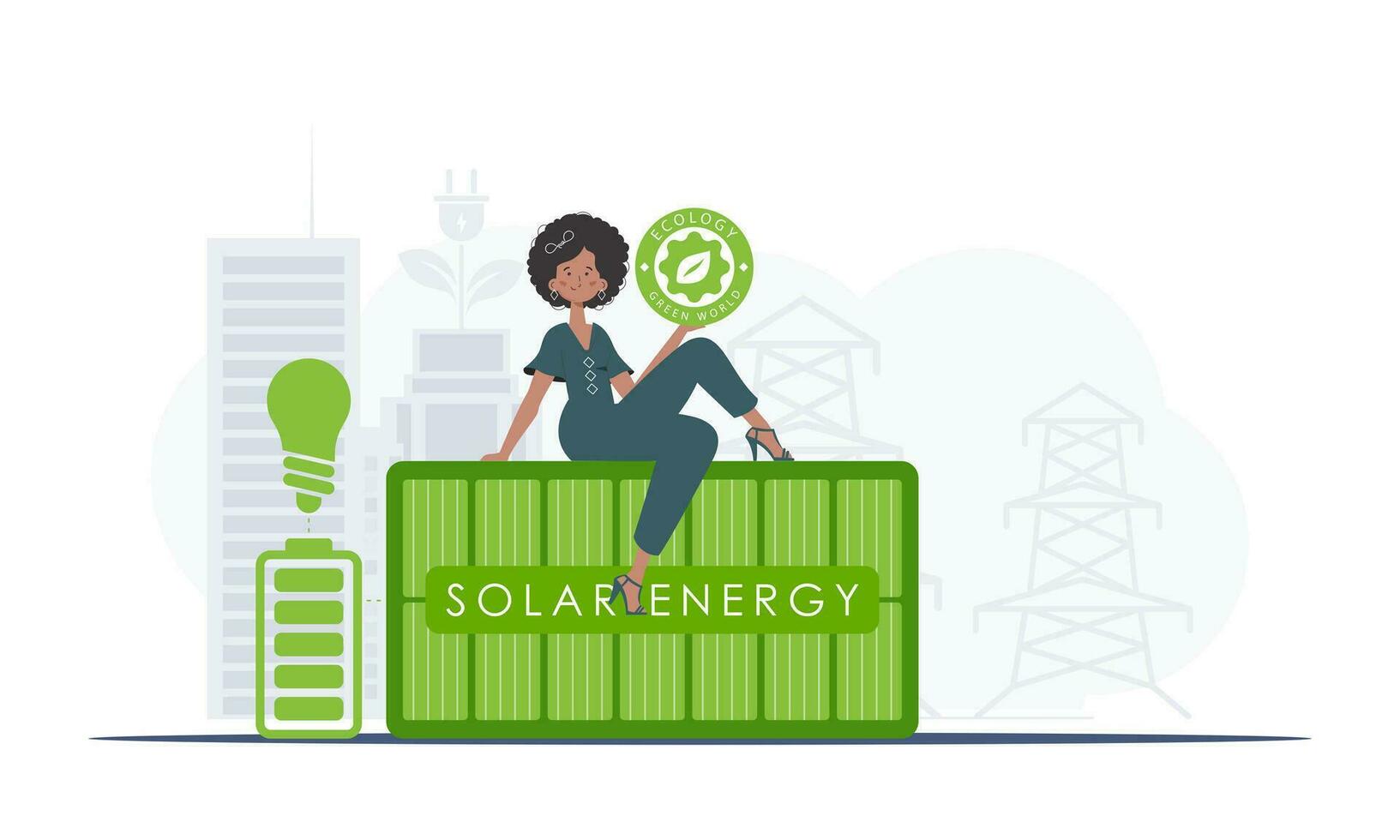 The concept of ecology and green energy. A woman sits on a solar panel and holds the ECO logo in her hands. trendy style. Vector illustration.