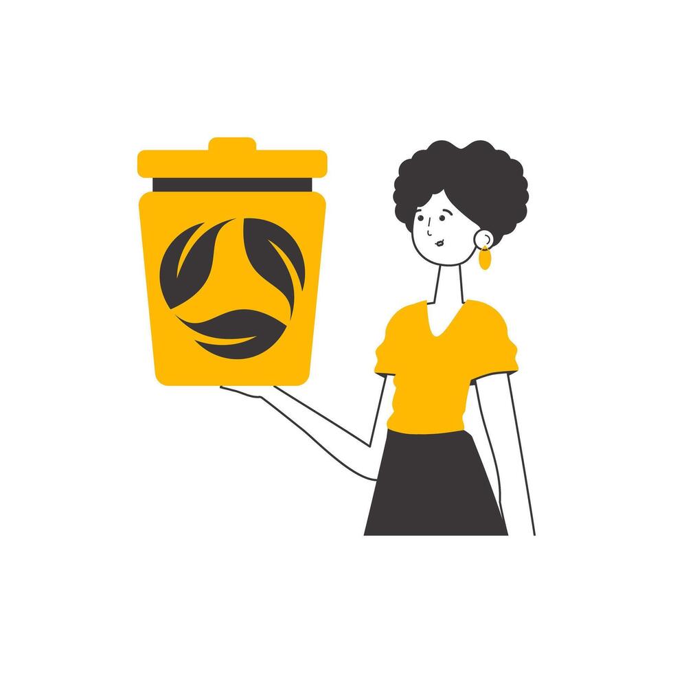 The girl is holding a trash can. Waste recycling concept. Linear modern style. Isolated on white background. illustration. vector