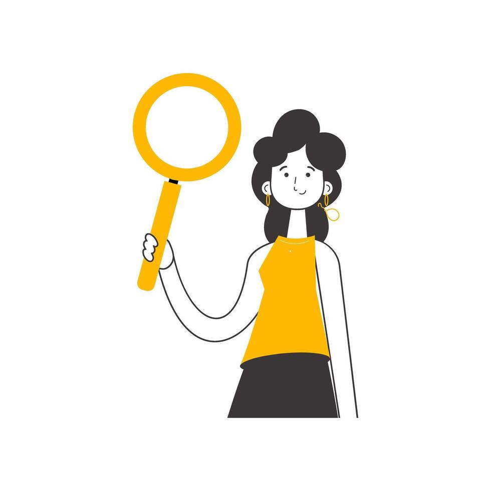 The girl is holding a magnifying glass in her hands. Search concept. Lines modern style. Isolated on white background. illustration. vector