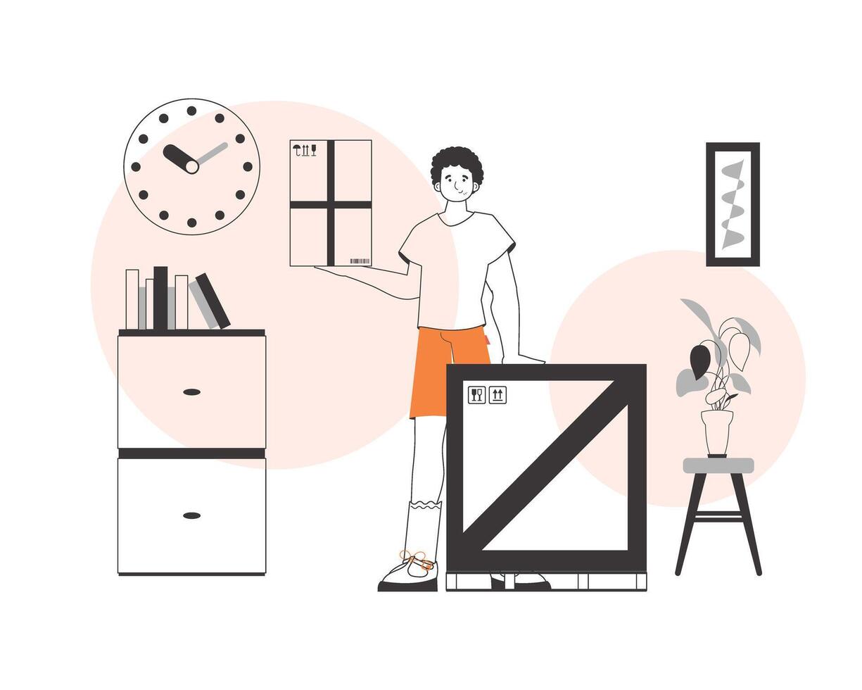 The guy is holding a package. Parcel Provider. Linear style. vector