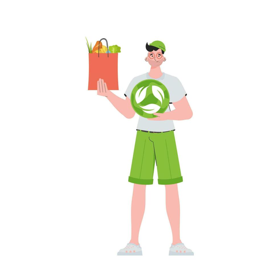 el hombre es representado en lleno crecimiento y sostiene un paquete con sano comida en su manos y muestra un icono. aislado. tendencia estilo, vector ilustración.