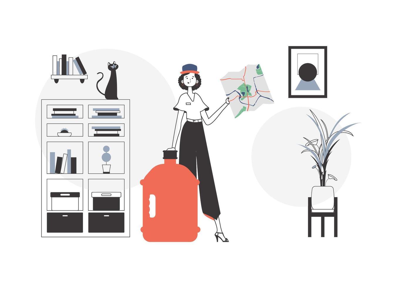 Water delivery concept. Girl with a map in her hands. Lineart style. vector