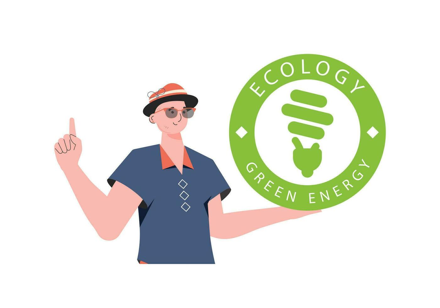 A man holds the ECO logo in his hands. The character is depicted to the waist. The concept of ecology and green energy. Isolated on white background. Fashionable, trendy style. Vector. vector