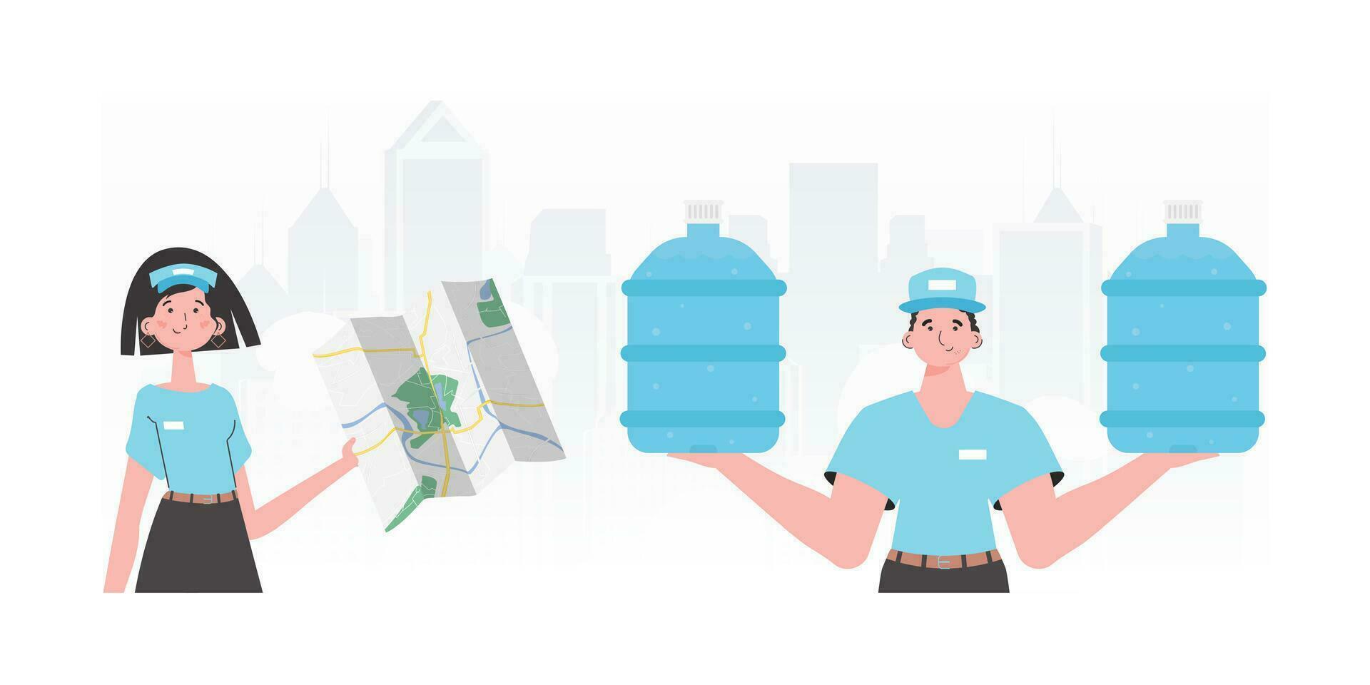 A group of people delivering water. trendy style. Vector. vector