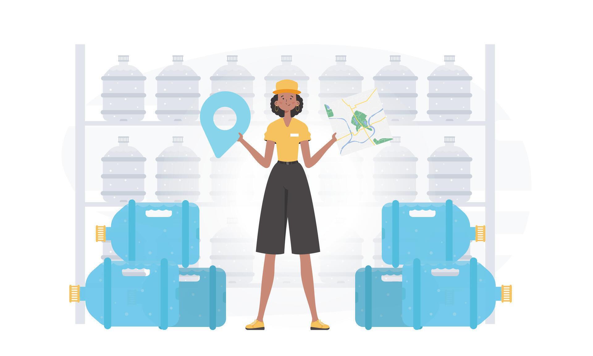 Girl water delivery operator holding a map. The character is depicted