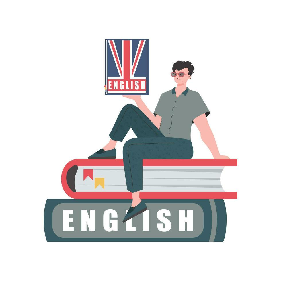 un hombre se sienta en libros y sostiene un Inglés diccionario en su manos. el concepto de aprendizaje inglés. aislado. de moda dibujos animados estilo. vector. vector