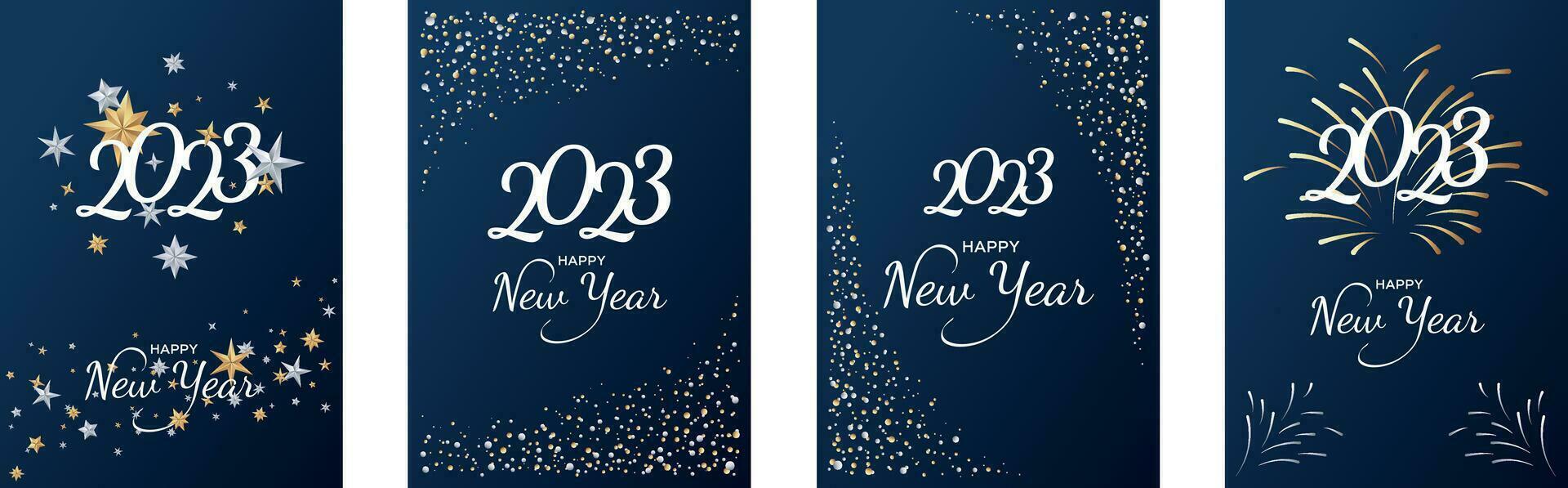 Set of Happy New Year surprise card with gold and silver stars, fireworks and confetti on dark blue background vector