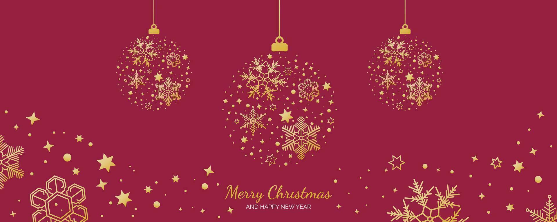 Merry Christmas and New Year card with gold hanging ball decoration on Viva Magenta color background vector