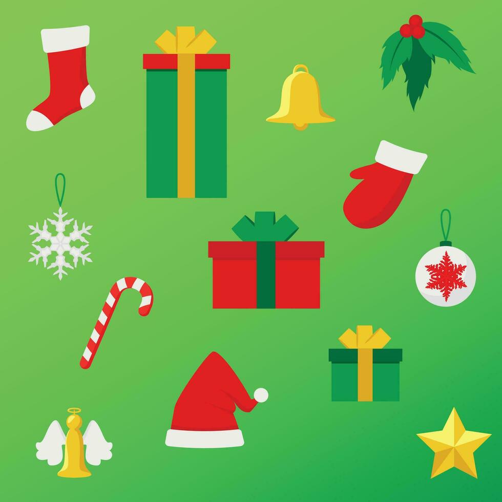 Set of Christmas icons on green gradient background vector