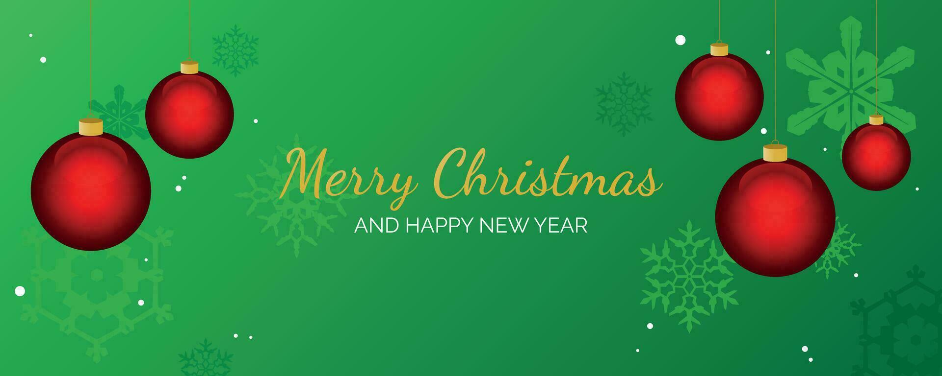 Merry Christmas and New Year card with red hanging ball decoration and snowflakes on green gradient background vector