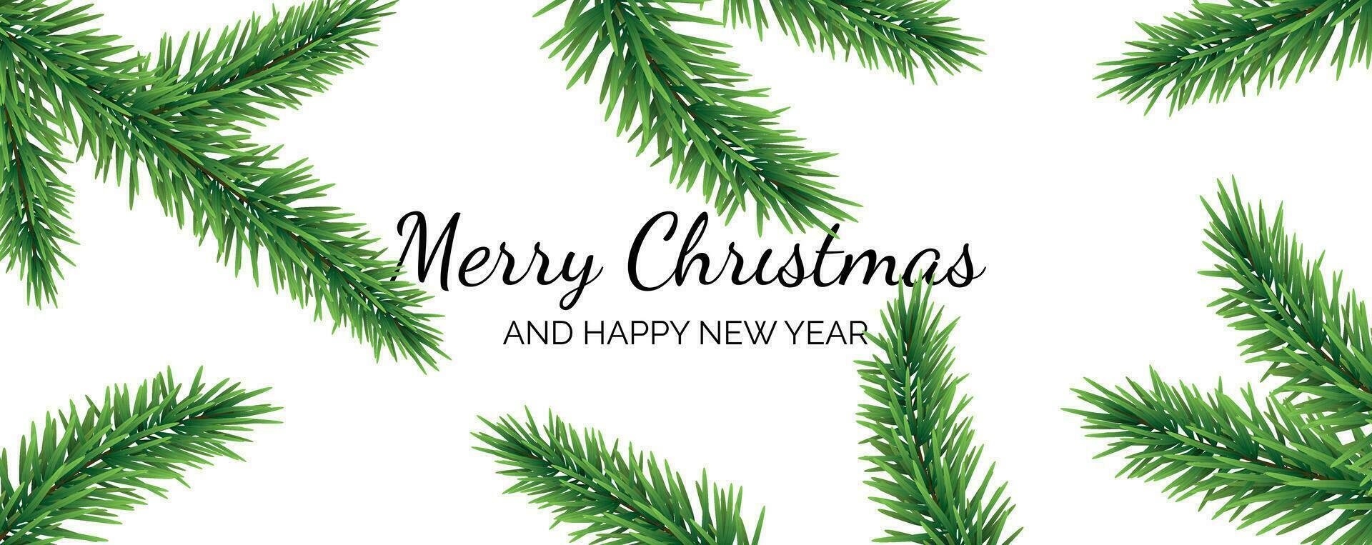 Merry Christmas and New Year card with abstract spruce branches decoration on white background vector