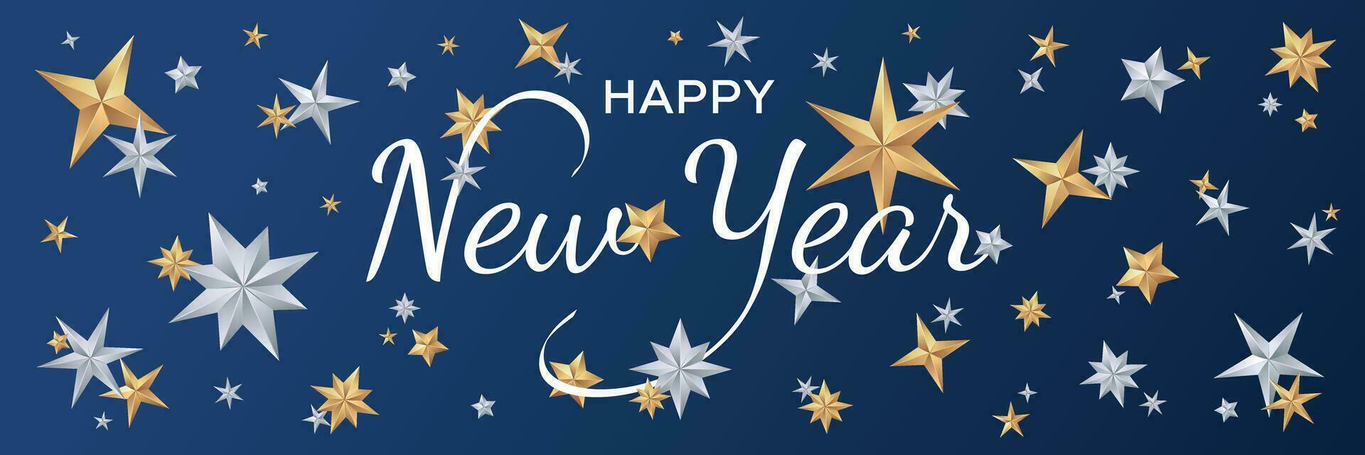 Happy New Year surprise card with gold and silver stars on dark blue background vector