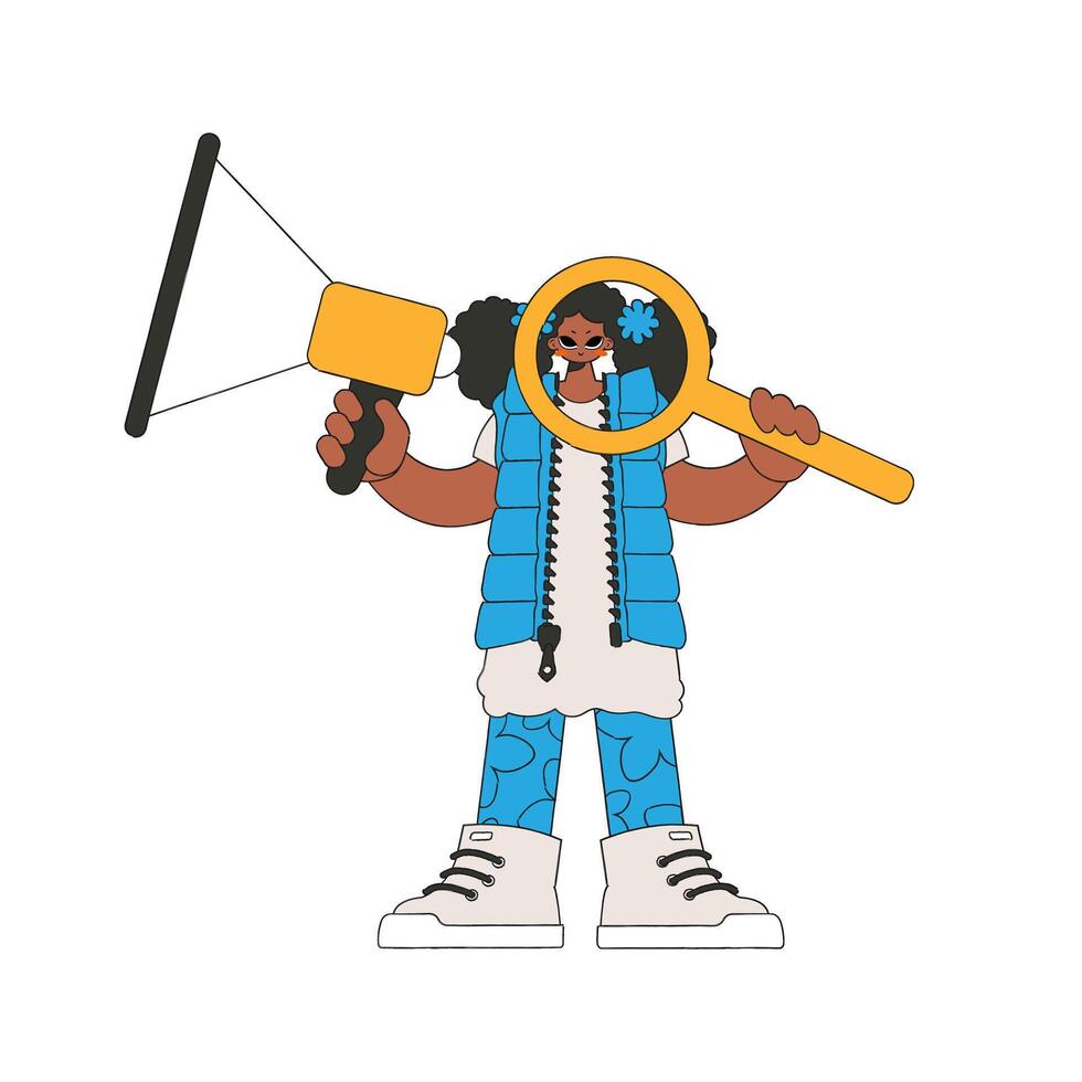 A girl with a megaphone, symbolizing the search for people in the labor market. Personnel search. vector