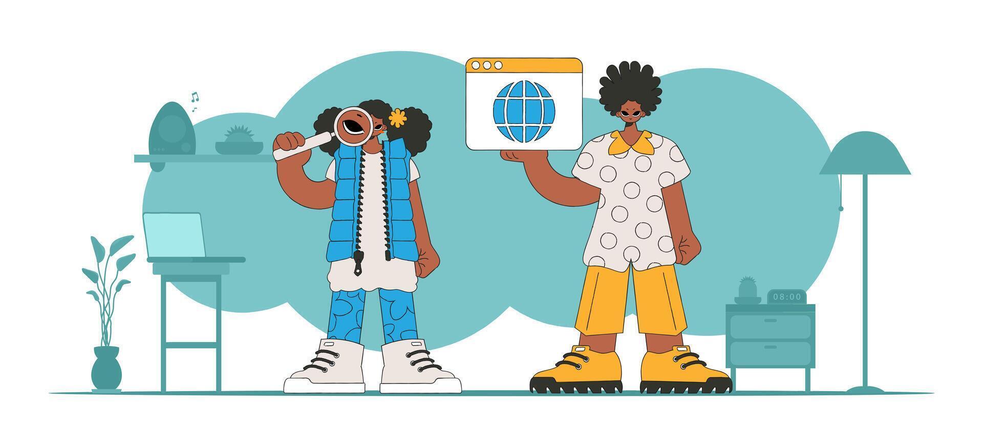 A bright and stylish illustration of a girl and a guy looking for information. Marketing materials. Perfect for adding a modern and tech touch to your project. vector