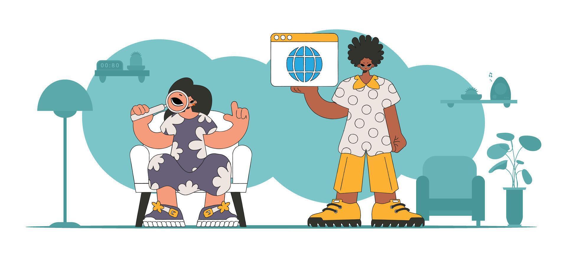 The guy and the girl are looking for information. Marketing materials. vector