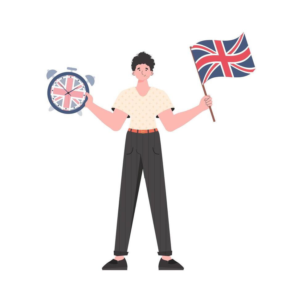 Male teacher shows that it's time to learn English. The concept of teaching English. Isolated. Trendy flat style. illustration. vector