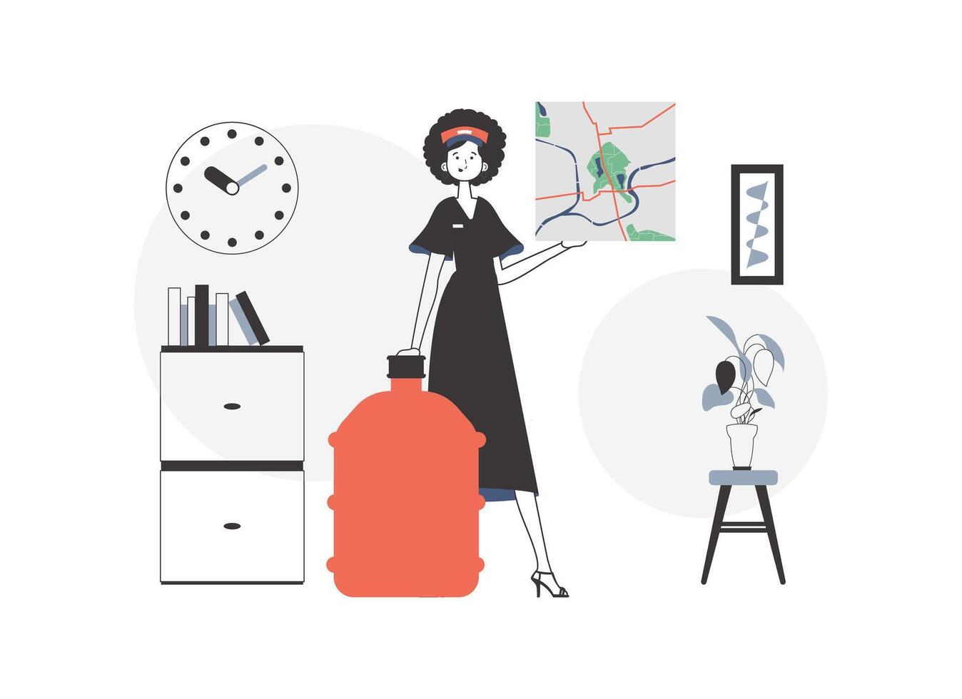 Water delivery concept. The girl is holding a map. Linear style. vector