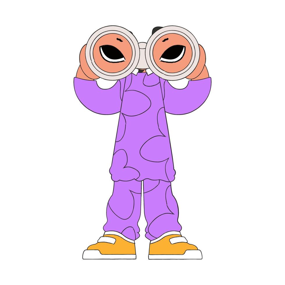 A young woman holds in her hands and looks through binoculars. HR theme. vector
