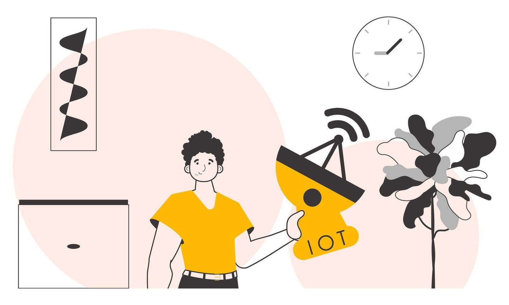 The guy holds the IOT logo in his hands. Linear style. illustration. vector