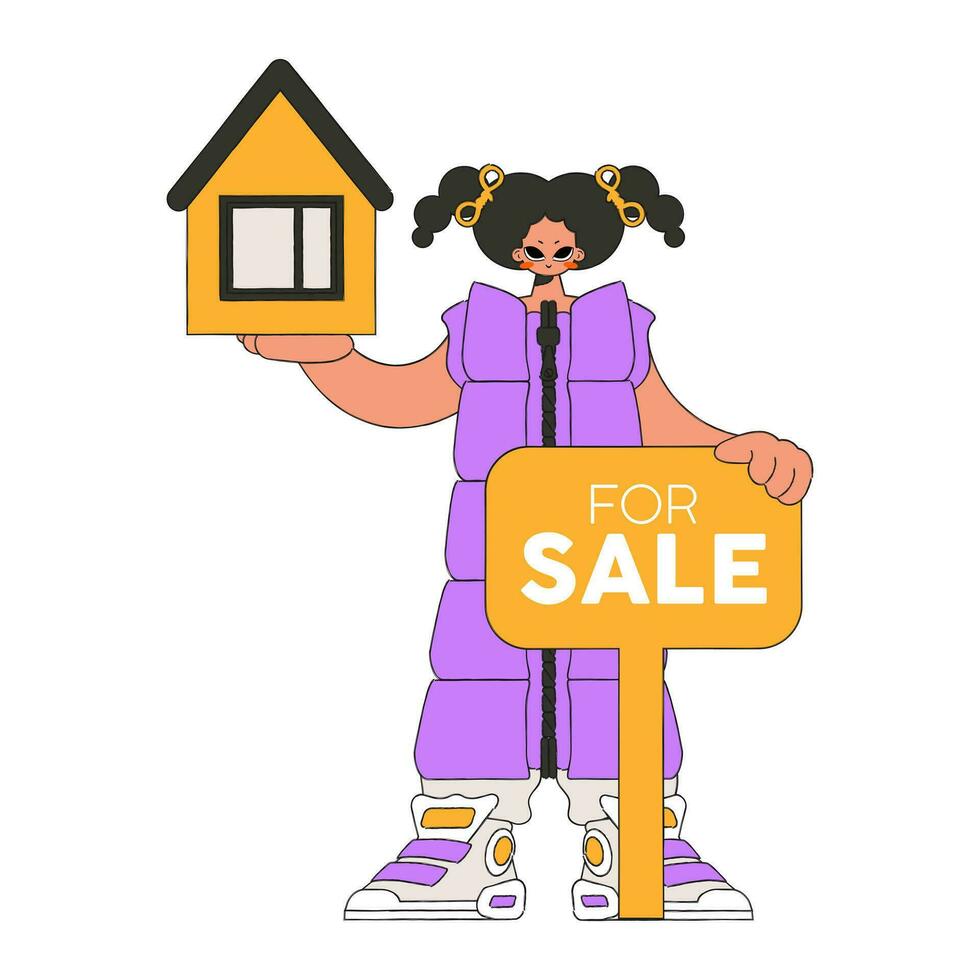 Real estate realtor girl holding a house. Home ownership. vector