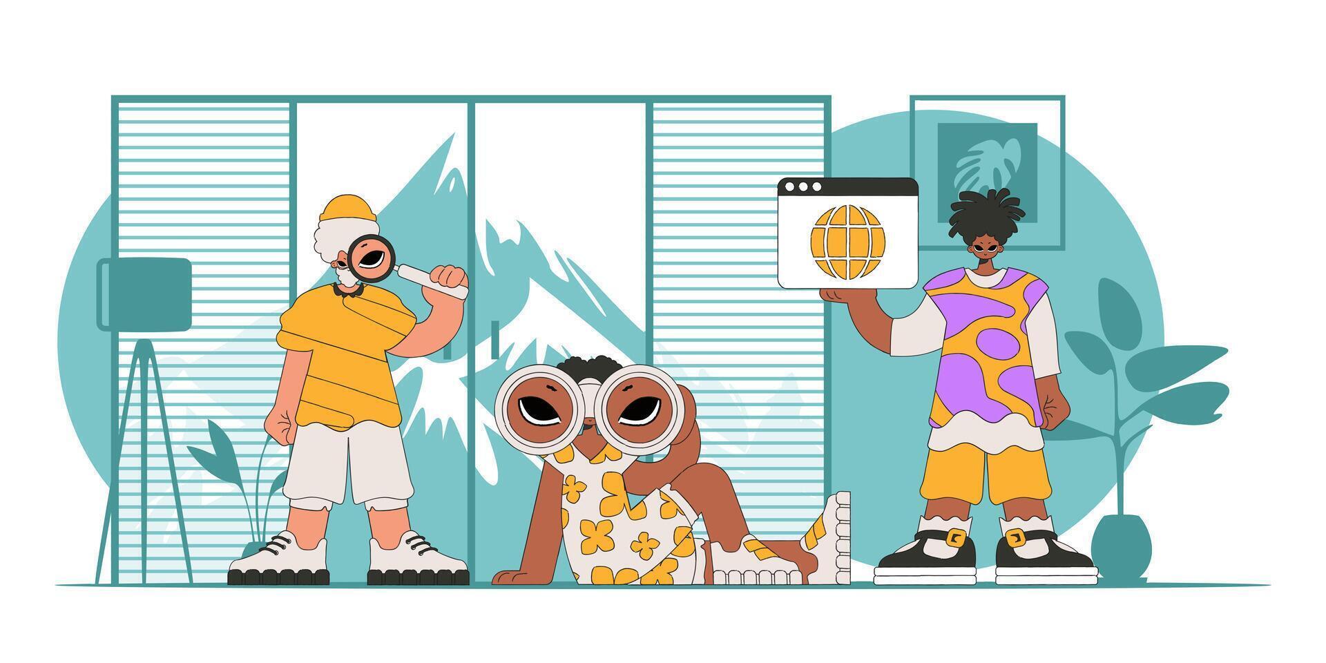 A team of people are looking for information. Bright trend character. vector