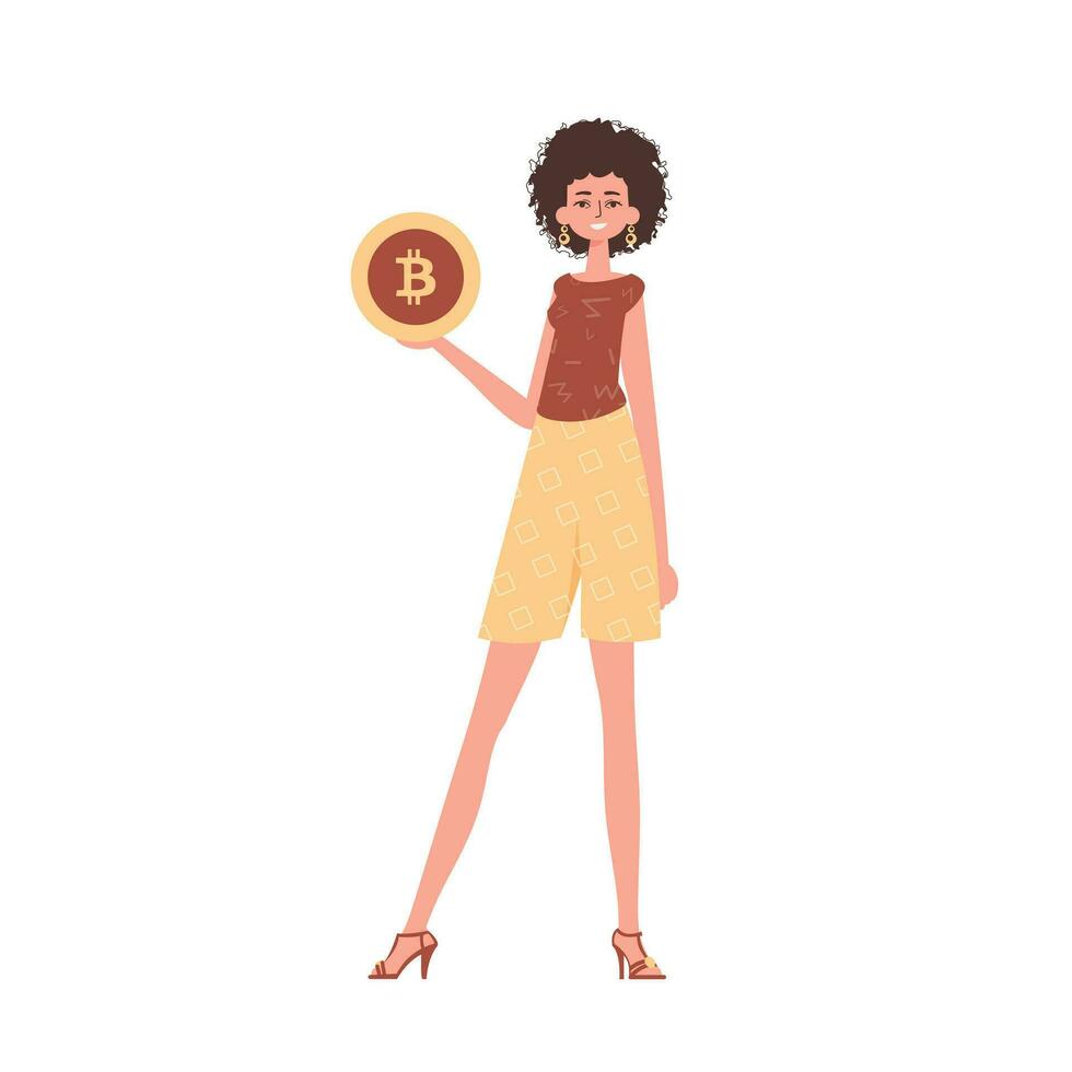 niña participación un bitcoin moneda en su manos. personaje en de moda estilo. vector