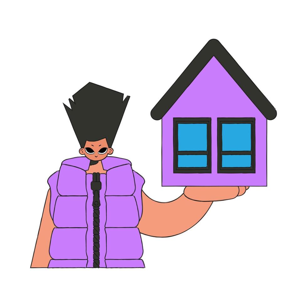 Male real estate agent holding a house. House ownership. vector