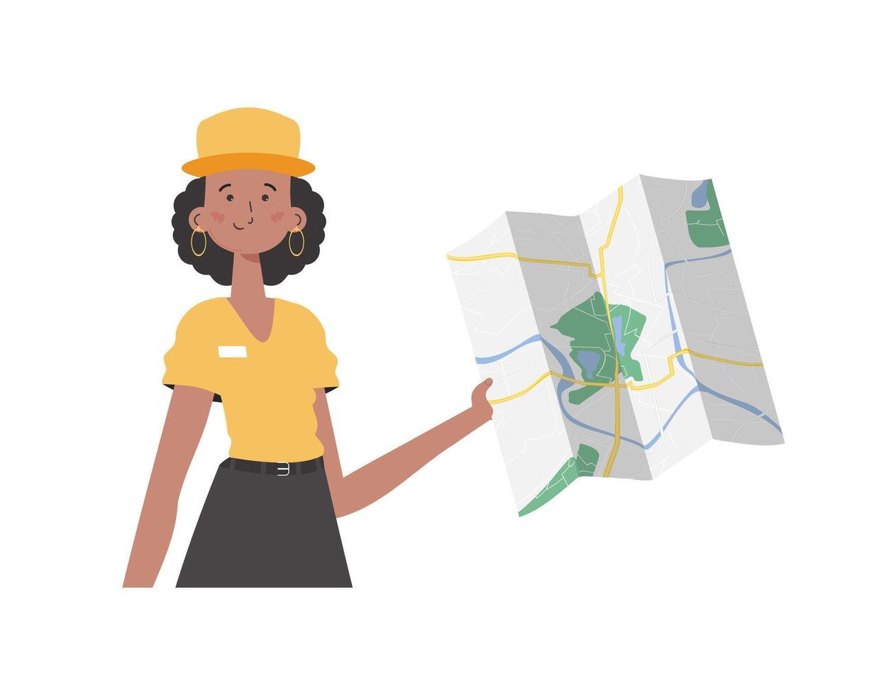The girl is holding a map. The modern trendy character is depicted to the waist. Isolated. Vector illustration.
