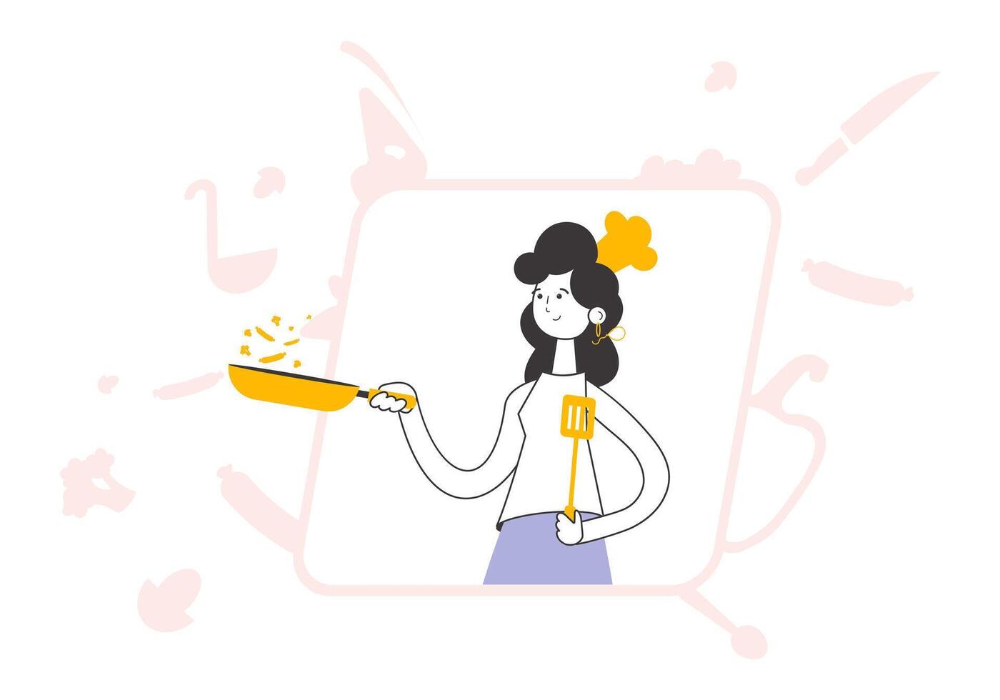 The woman cook is holding a frying pan. Linear trendy style. vector