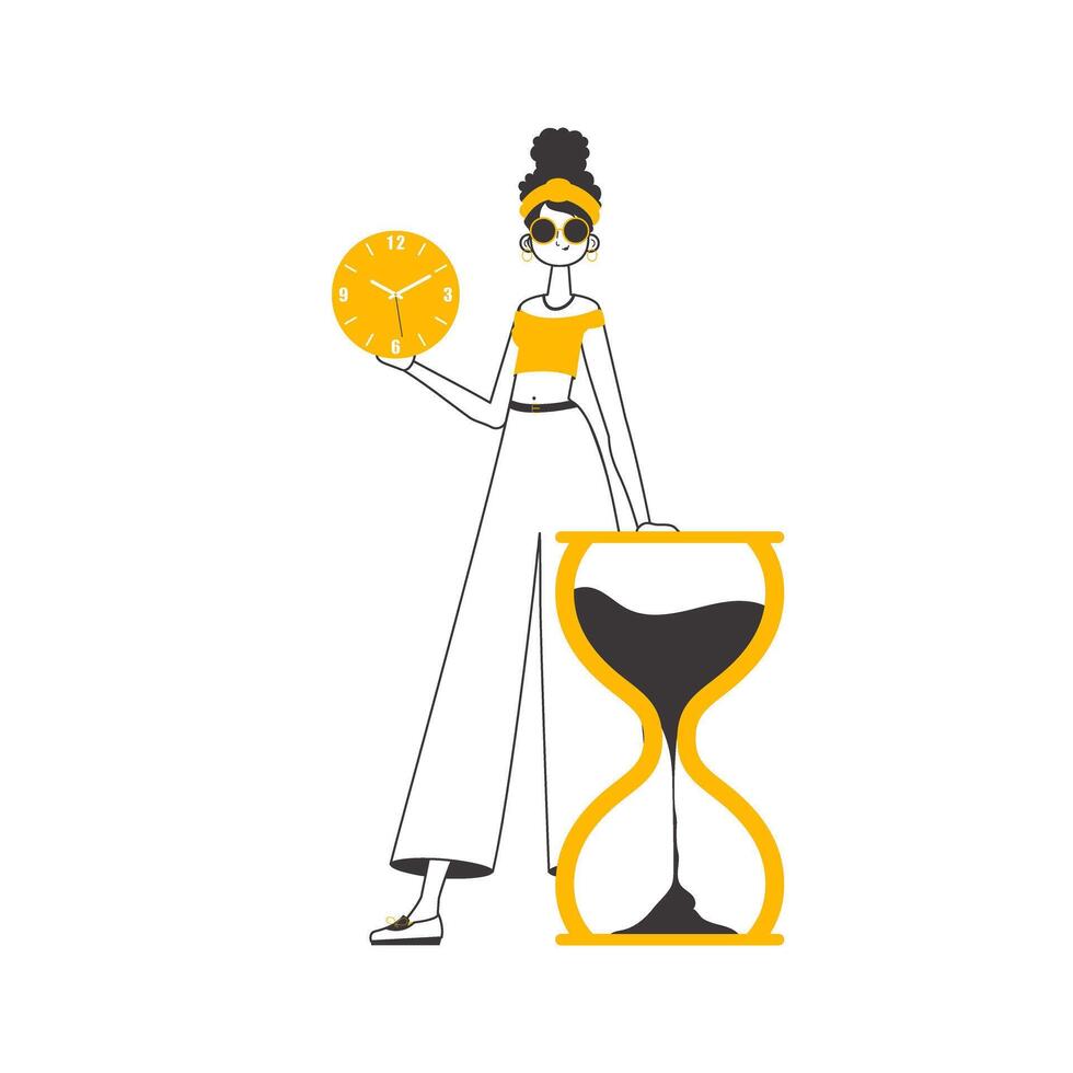 The girl is holding a watch in her hands. Time management concept. Modern linear style. Isolated. Vector illustration.