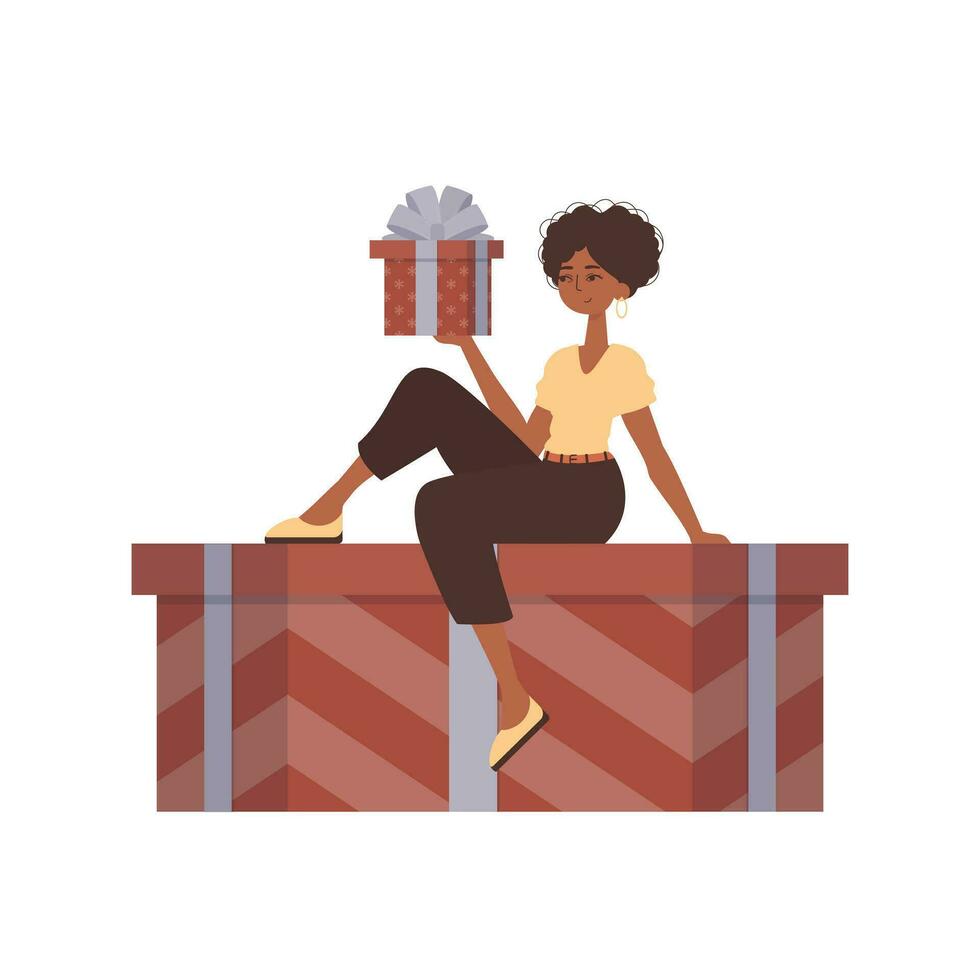 un mujer se sienta en un regalo caja. moderno estilo. vector. vector
