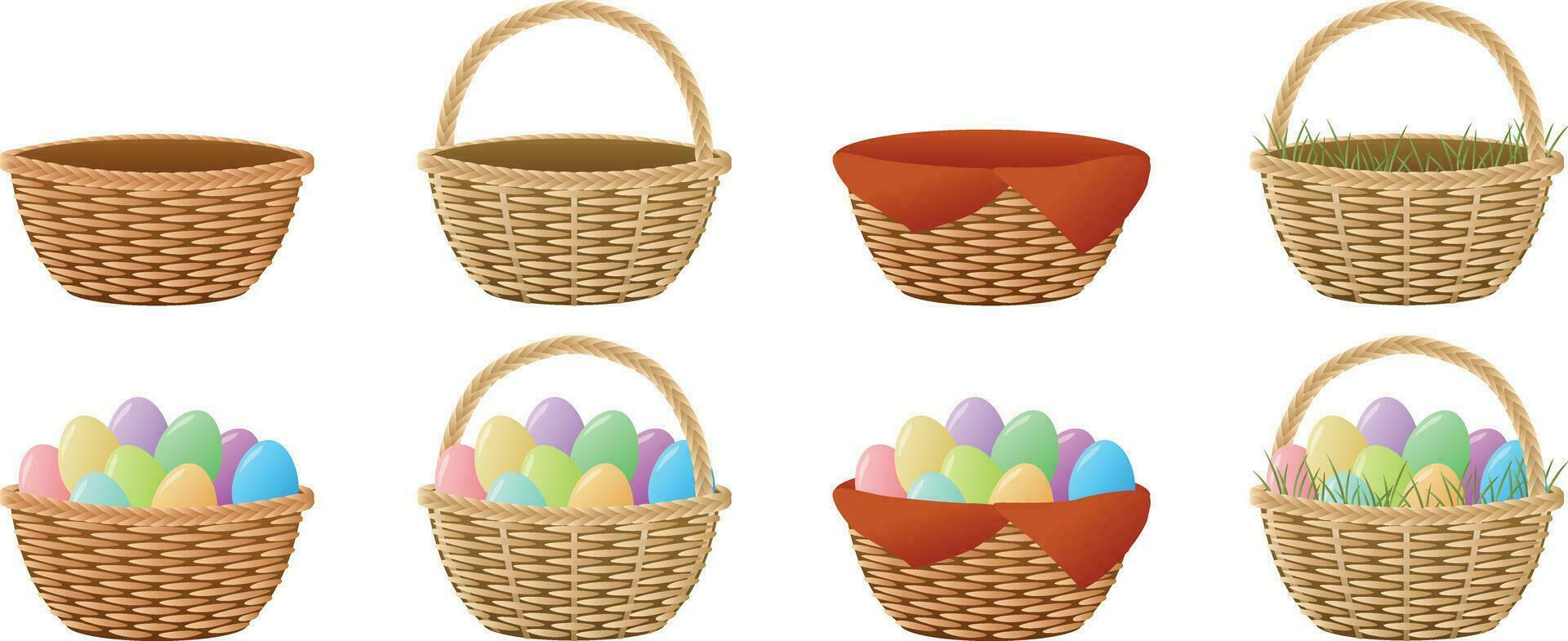 Easter egg baskets with colorful eggs isolated on white background vector