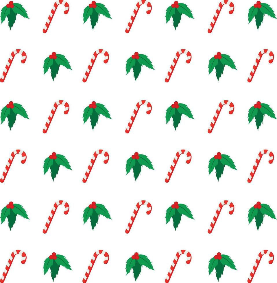 Merry Christmas pattern with mistletoe and lollipop isolated on white background vector