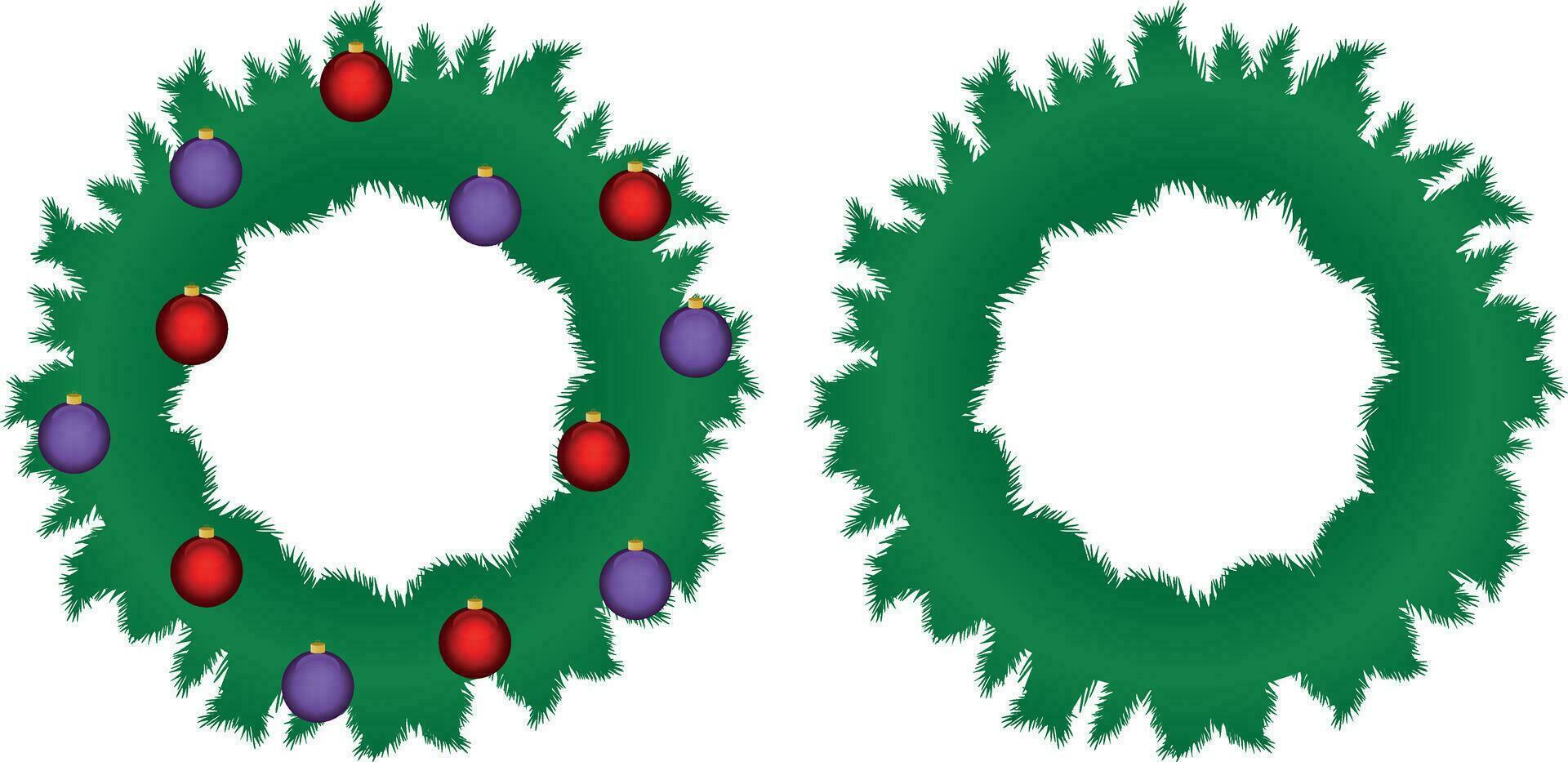 Green Merry Christmas wreath with red and violet hanging balls decorations vector